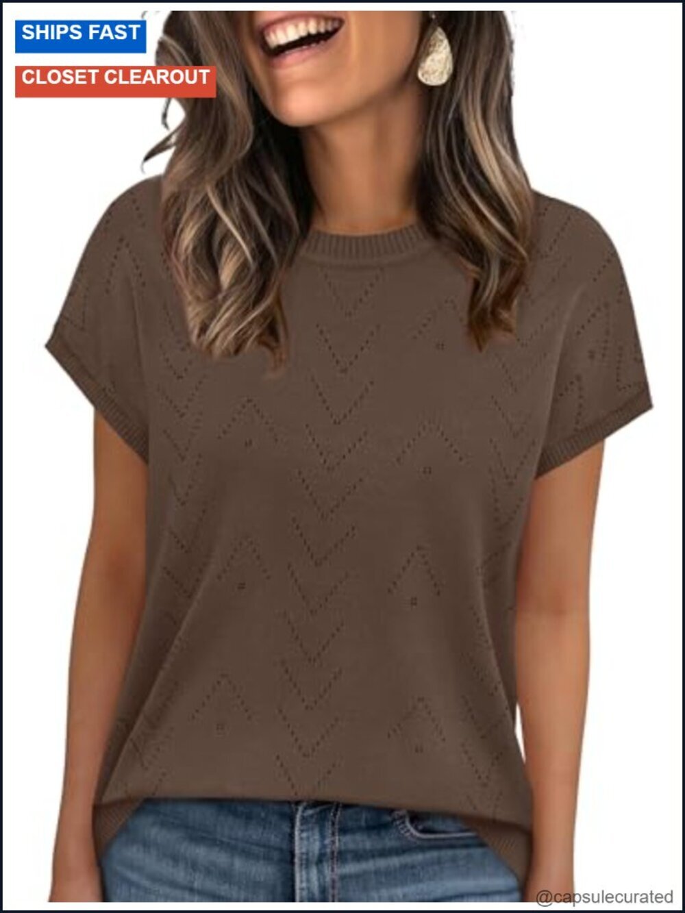 Crew Neck Short Sleeve Sweater Top Casual Lightweight Knit Summer Beach